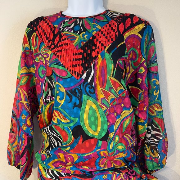 Diane Freis Two Piece Psychedelic Drop Waist Skirt Set Vintage Boho Festival VTG - Picture 9 of 16